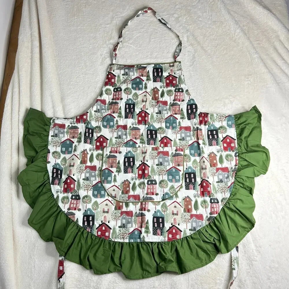 Handmade Apron Village Neighborhood Tapestry with Pockets & Forest Green Frill